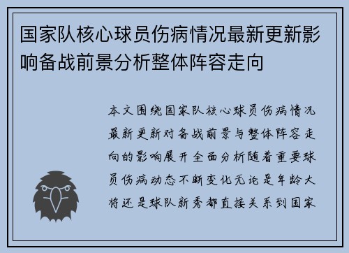 国家队核心球员伤病情况最新更新影响备战前景分析整体阵容走向